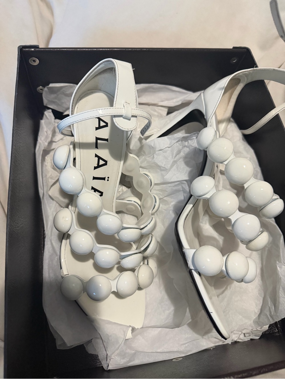 Alaia White Beaded Strappy High Heels